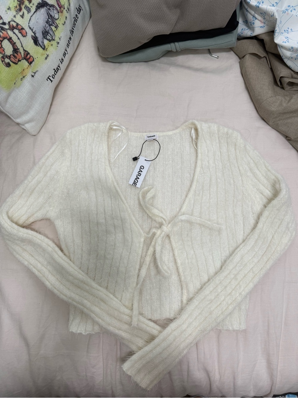 Garage Cream Ribbed Tie-Front Cardigan